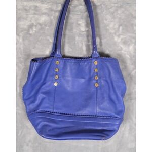Emma Fox Blue Leather Tote Bag Purse Double Handles Yellow Floral Lining‎